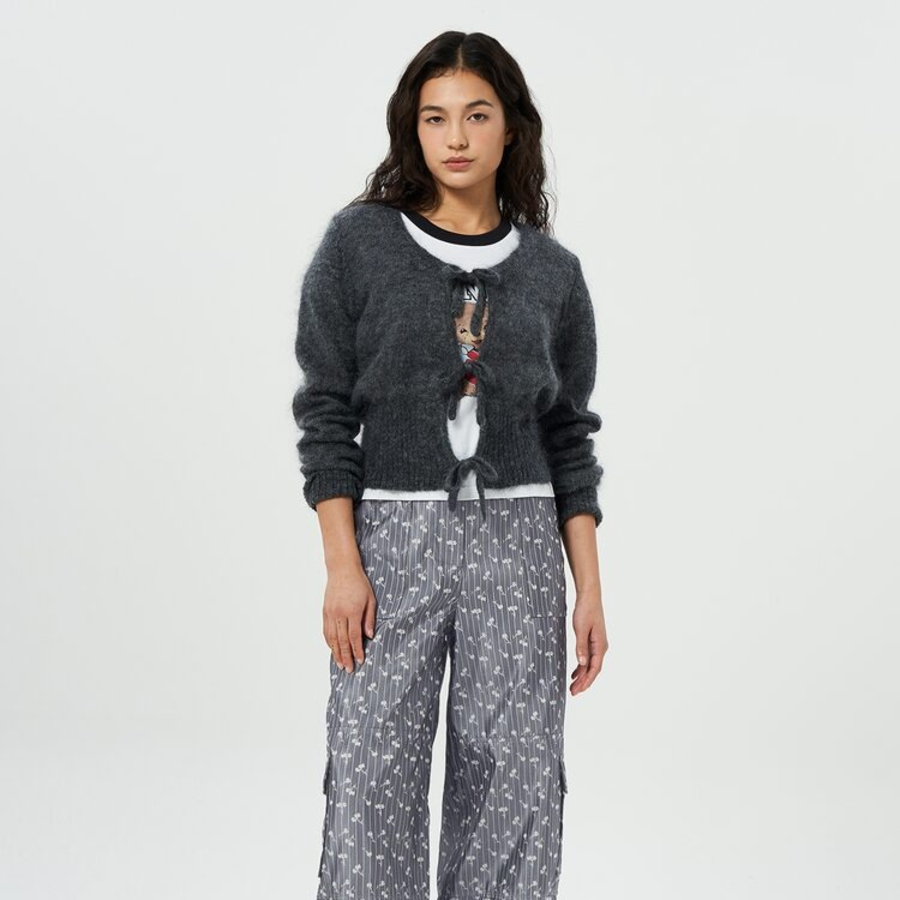 GANNI Light Mohair Tie String Cardigan – Grey