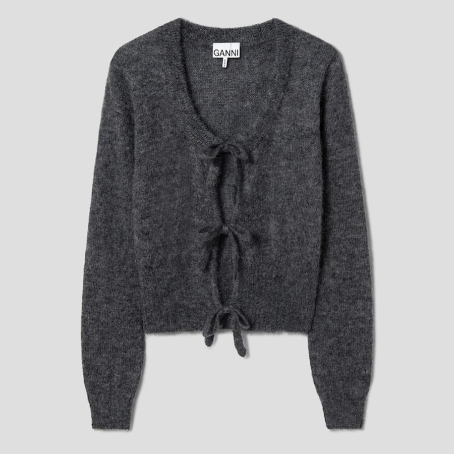 GANNI Light Mohair Tie String Cardigan – Grey