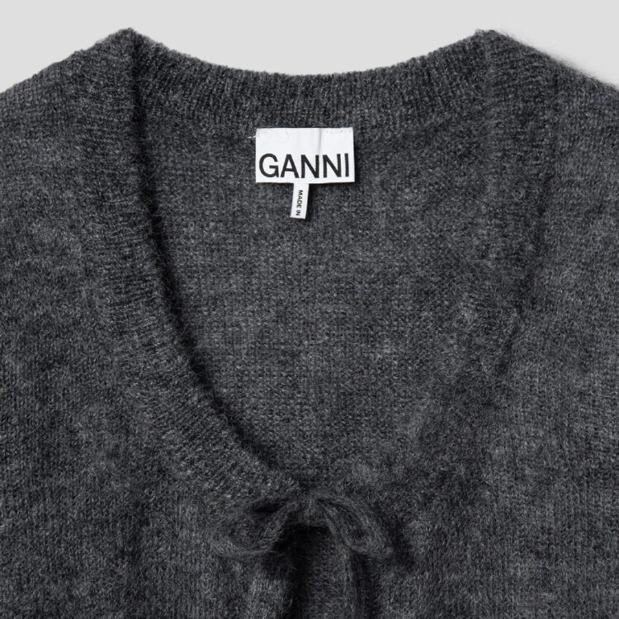 GANNI Light Mohair Tie String Cardigan – Grey