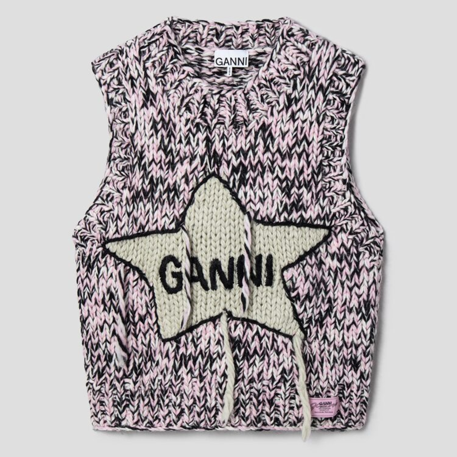 GANNI Graphic Wool Handknit Vest – Light Pink