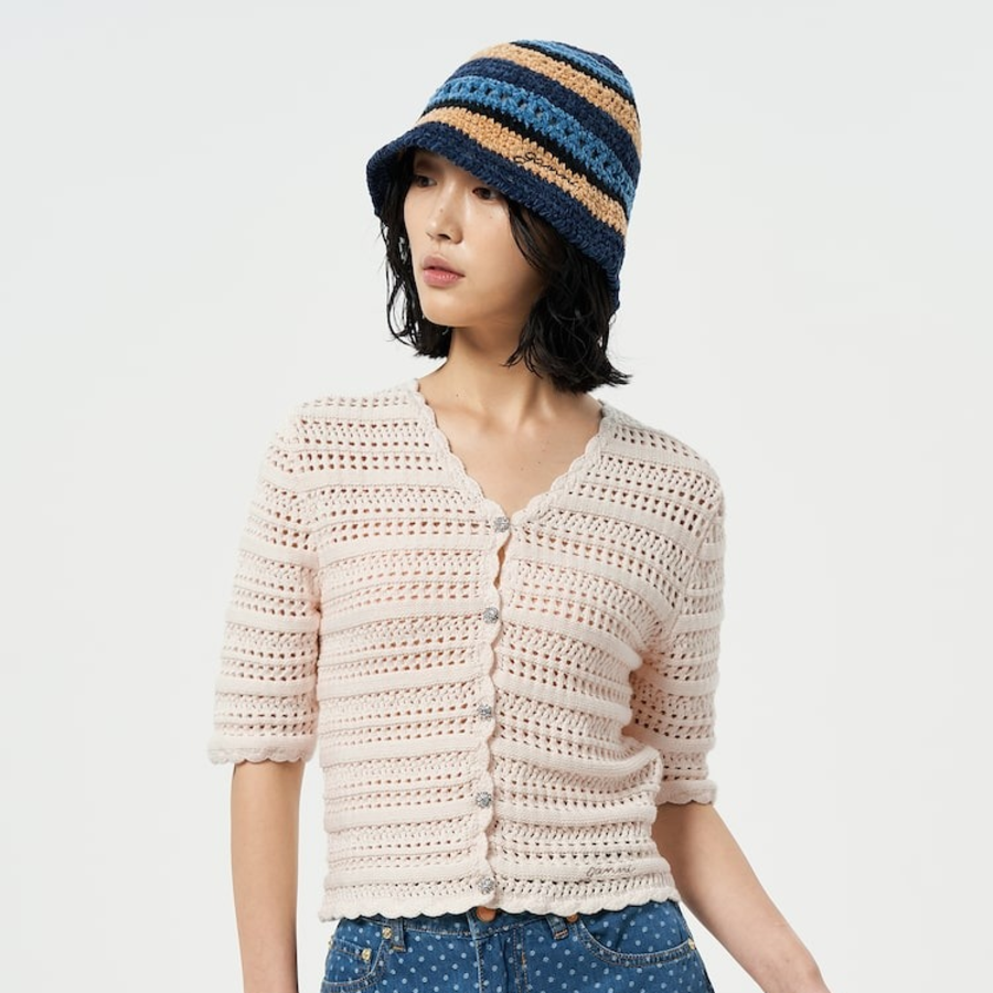 GANNI Cotton Pointelle Short Sleeve Cardigan – Ivory