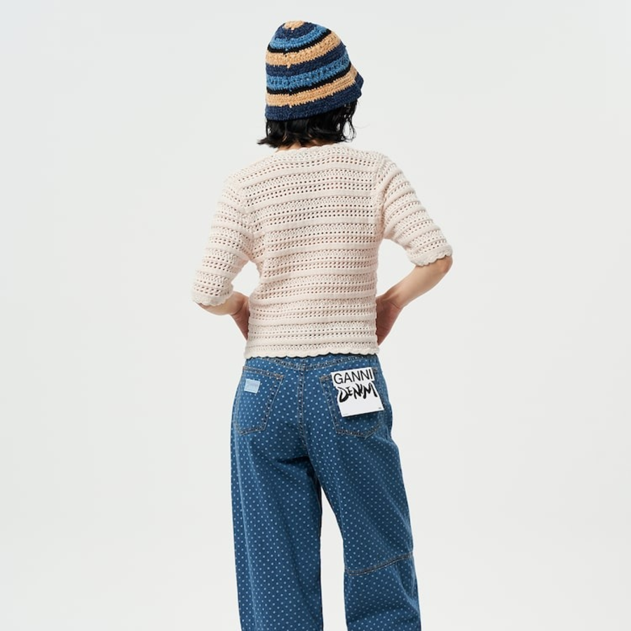 GANNI Cotton Pointelle Short Sleeve Cardigan – Ivory