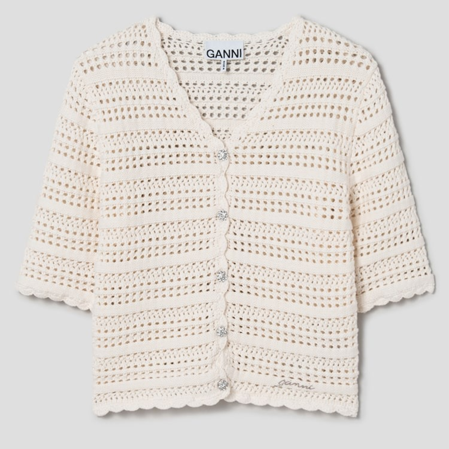 GANNI Cotton Pointelle Short Sleeve Cardigan – Ivory