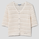 GANNI Cotton Pointelle Short Sleeve Cardigan – Ivory