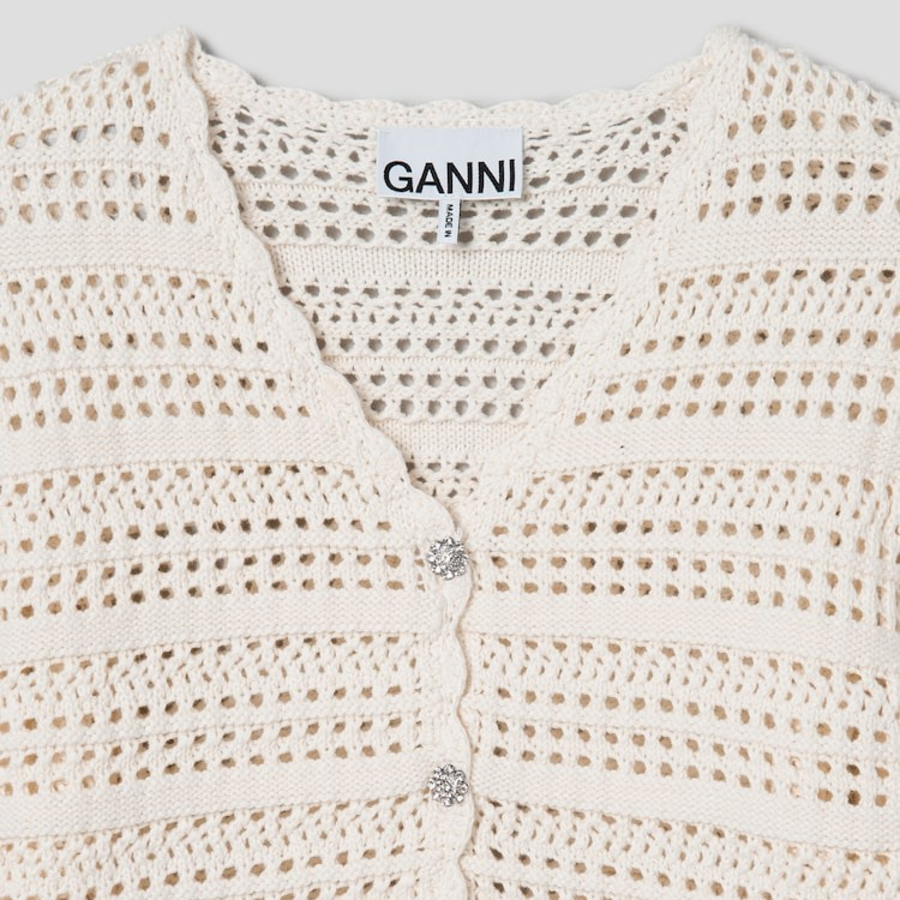 GANNI Cotton Pointelle Short Sleeve Cardigan – Ivory