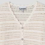 GANNI Cotton Pointelle Short Sleeve Cardigan – Ivory