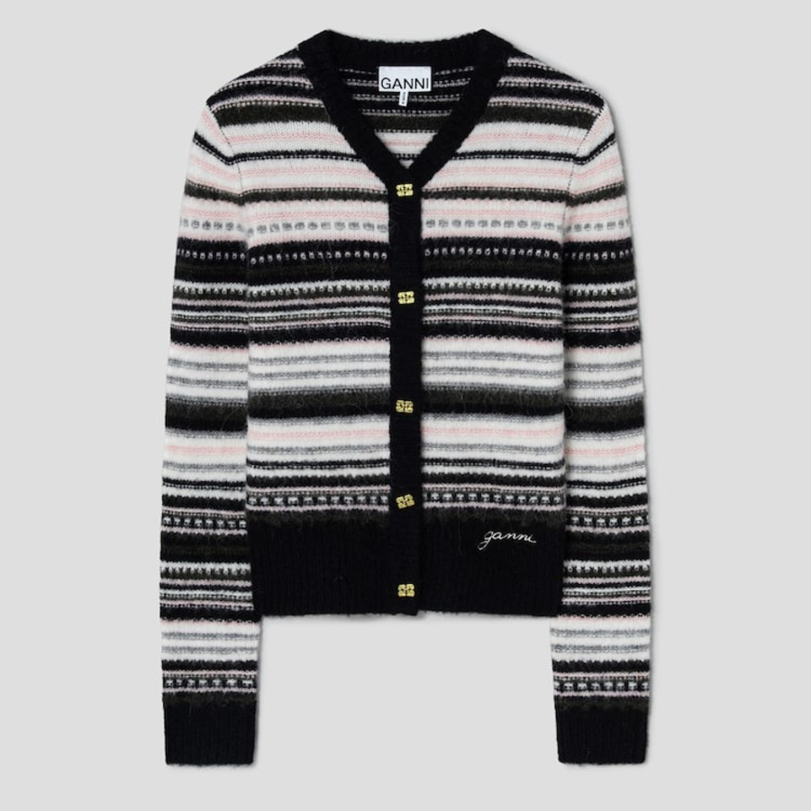 GANNI Soft Wool Stripe Cardigan – Black