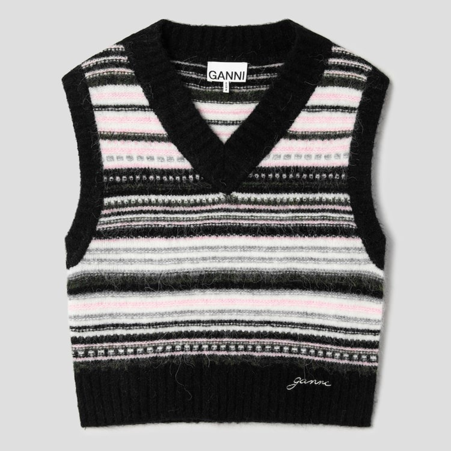GANNI Soft Wool Stripe Vest – Black