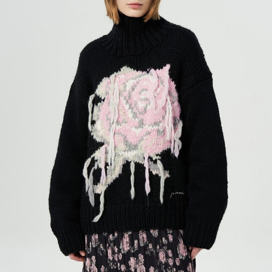 GANNI Graphic Wool Handknit Turtleneck – Black