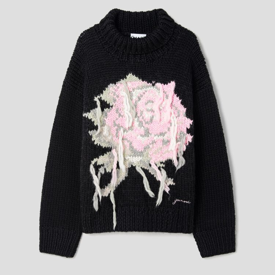 GANNI Graphic Wool Handknit Turtleneck – Black