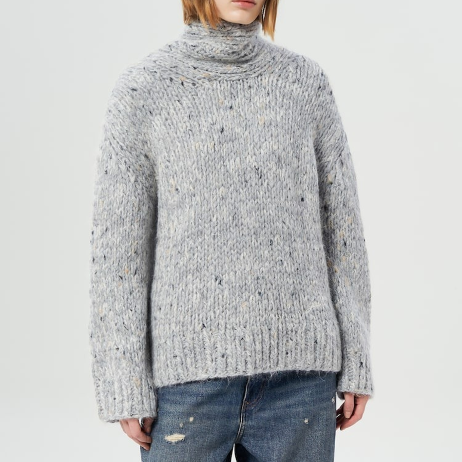 GANNI Chunky Marled Handknit Open Back Pullover – Light Grey