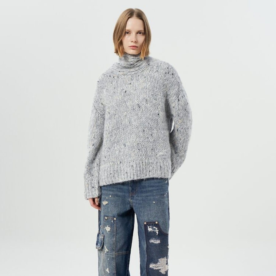 GANNI Chunky Marled Handknit Open Back Pullover – Light Grey