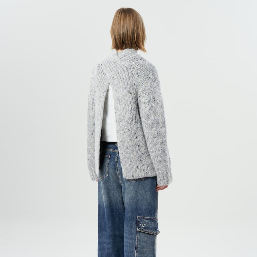 GANNI Chunky Marled Handknit Open Back Pullover – Light Grey