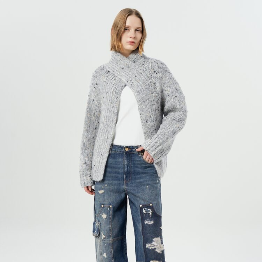 GANNI Chunky Marled Handknit Open Back Pullover – Light Grey