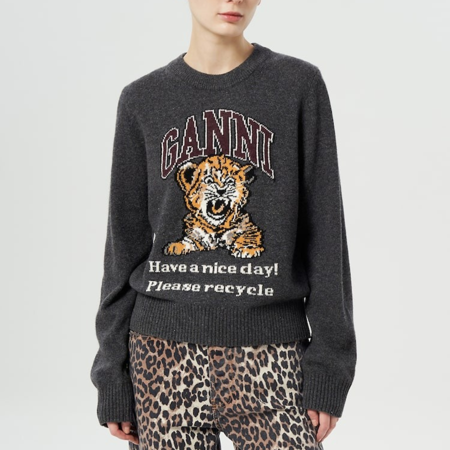 GANNI Graphic Wool Mix Tiger Crewneck – Ash