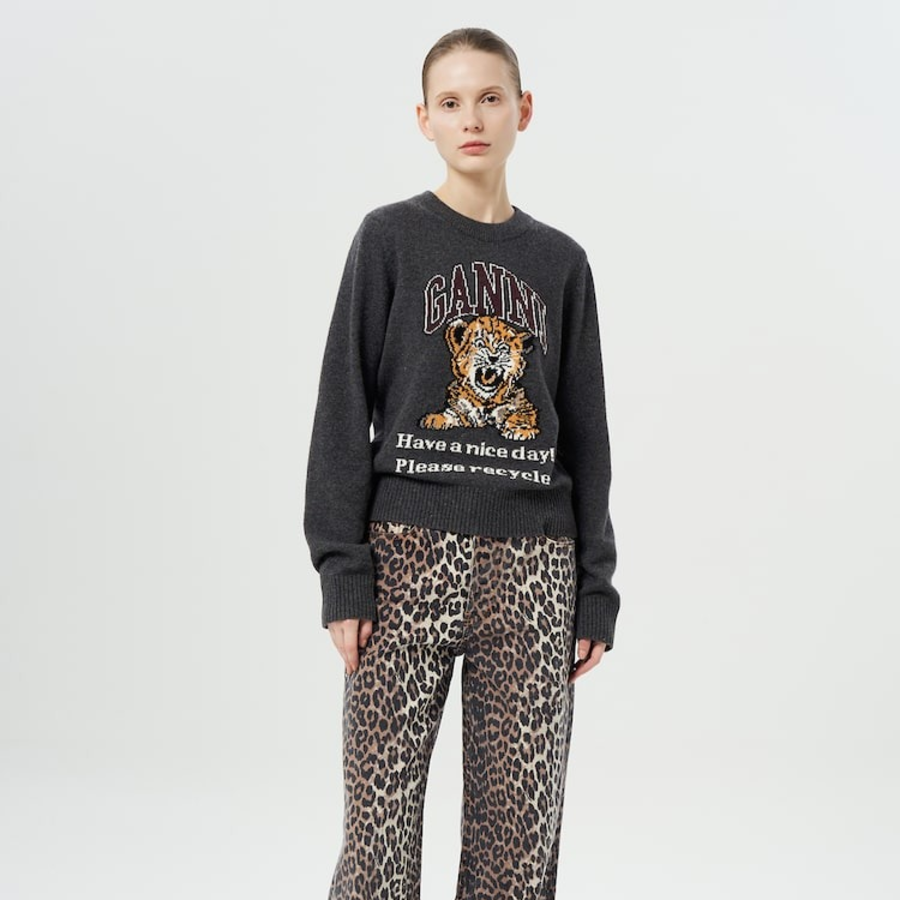 GANNI Graphic Wool Mix Tiger Crewneck – Ash
