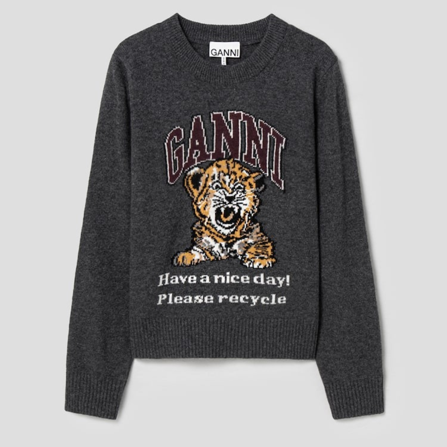 GANNI Graphic Wool Mix Tiger Crewneck – Ash
