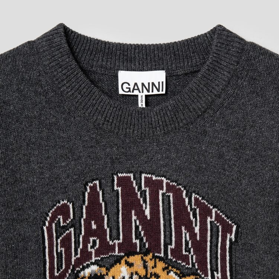 GANNI Graphic Wool Mix Tiger Crewneck – Ash
