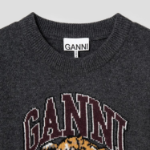 GANNI Graphic Wool Mix Tiger Crewneck – Ash