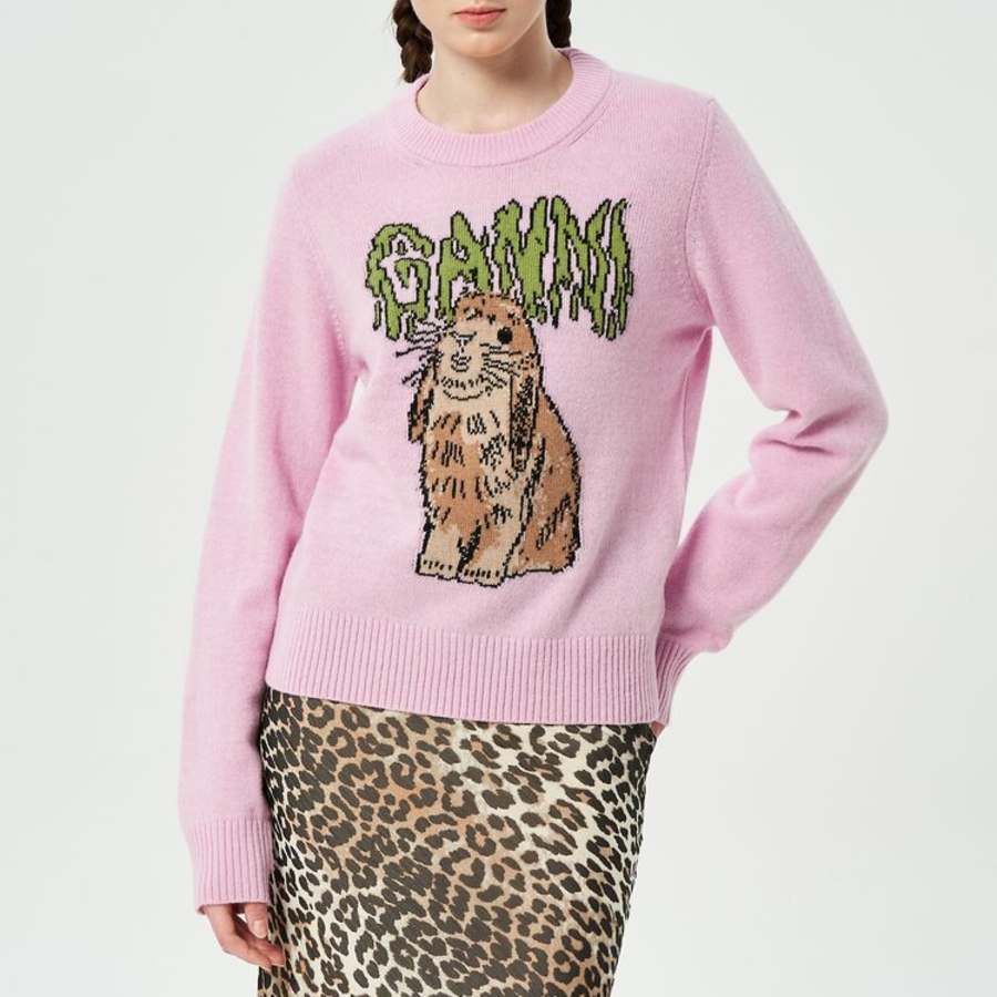 GANNI Graphic Wool Mix Bunny Crewneck – Chalk Pink