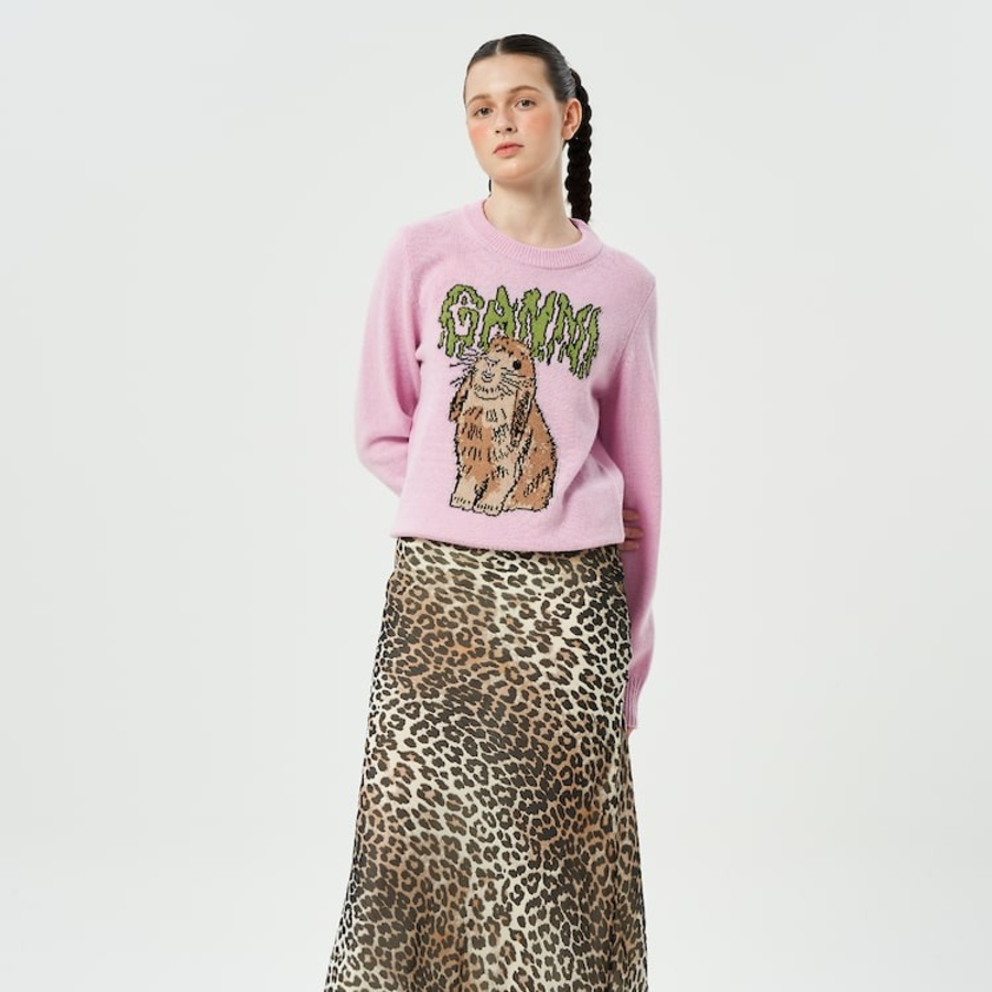 GANNI Graphic Wool Mix Bunny Crewneck – Chalk Pink