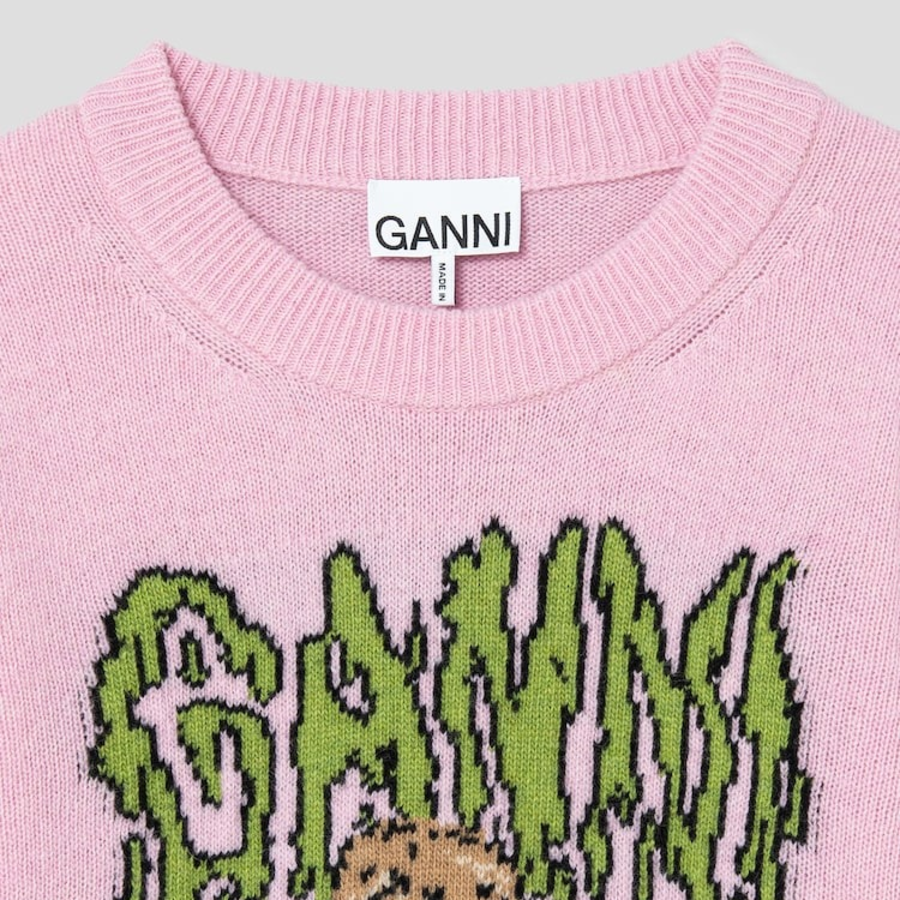 GANNI Graphic Wool Mix Bunny Crewneck – Chalk Pink