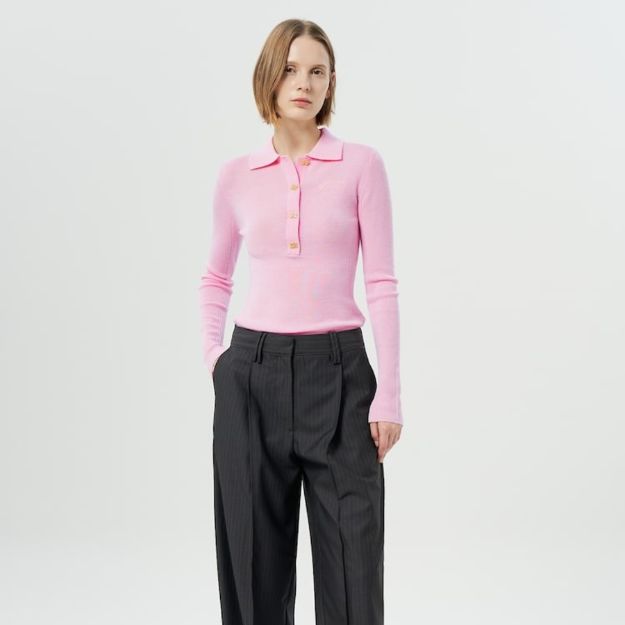GANNI Mini Ribbed Merino Polo – Light Pink