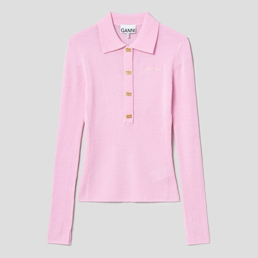 GANNI Mini Ribbed Merino Polo – Light Pink