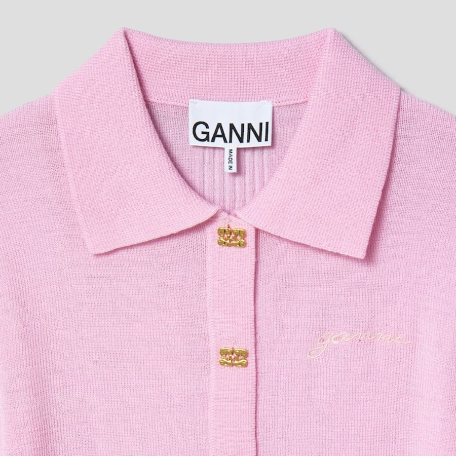 GANNI Mini Ribbed Merino Polo – Light Pink