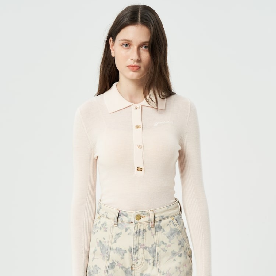 GANNI Mini Ribbed Merino Polo – Egret