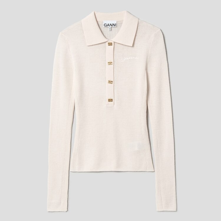 GANNI Mini Ribbed Merino Polo – Egret