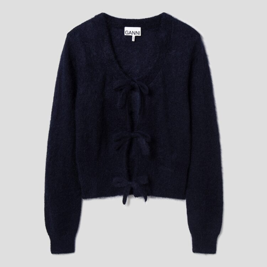 GANNI Light Mohair Tie String Cardigan – Navy