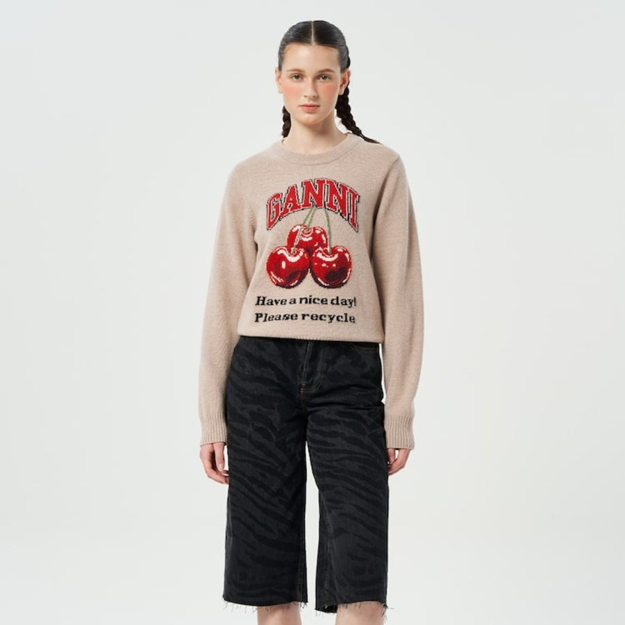 GANNI Graphic Wool Mix Cherry Crewneck – Safari