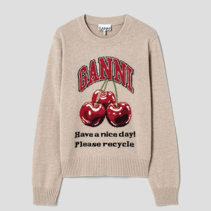 GANNI Graphic Wool Mix Cherry Crewneck – Safari