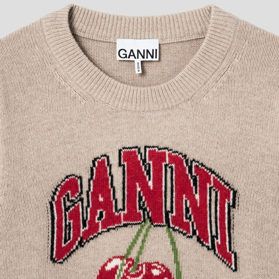 GANNI Graphic Wool Mix Cherry Crewneck – Safari