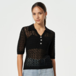 GANNI Shiny Pointelle Knit Short Sleeve Polo – Black