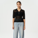 GANNI Shiny Pointelle Knit Short Sleeve Polo – Black