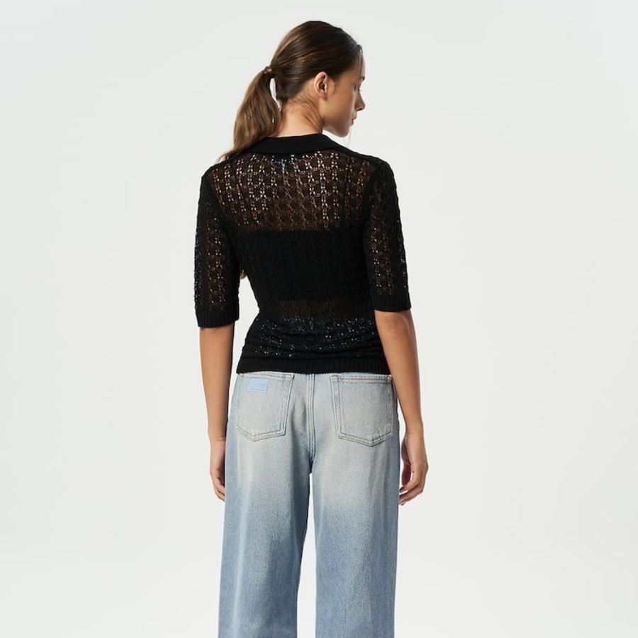 GANNI Shiny Pointelle Knit Short Sleeve Polo – Black