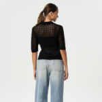 GANNI Shiny Pointelle Knit Short Sleeve Polo – Black