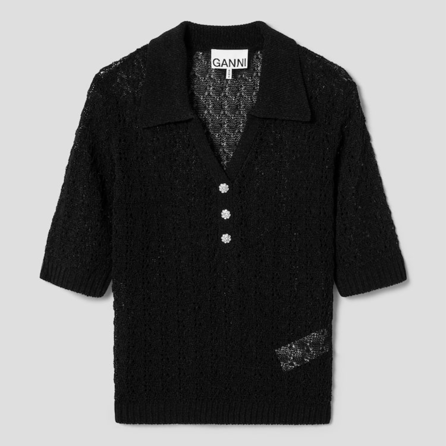 GANNI Shiny Pointelle Knit Short Sleeve Polo – Black