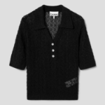 GANNI Shiny Pointelle Knit Short Sleeve Polo – Black