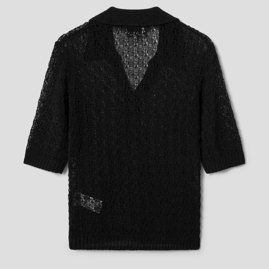 GANNI Shiny Pointelle Knit Short Sleeve Polo – Black