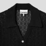 GANNI Shiny Pointelle Knit Short Sleeve Polo – Black
