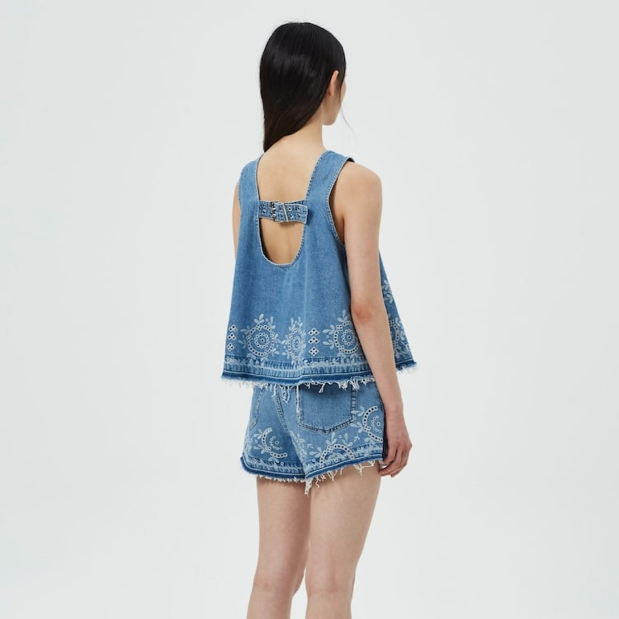 GANNI Broderie Anglaise Denim Top – Sky Blue