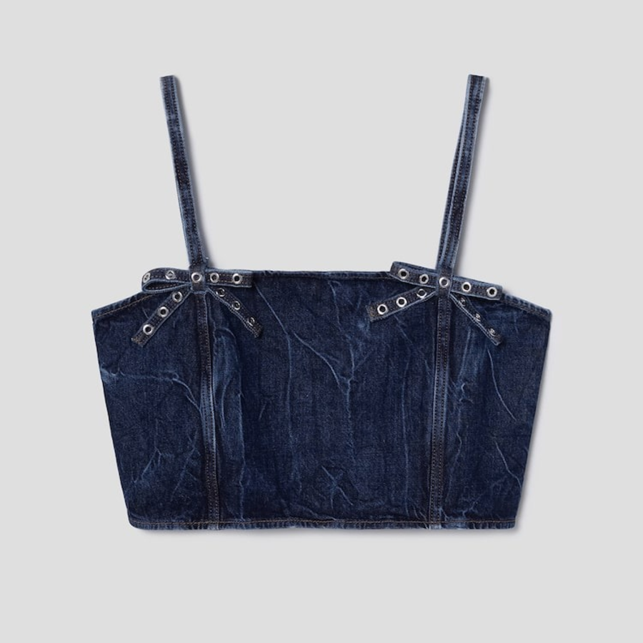 GANNI Crinkled Future Denim Strap Top – Blue