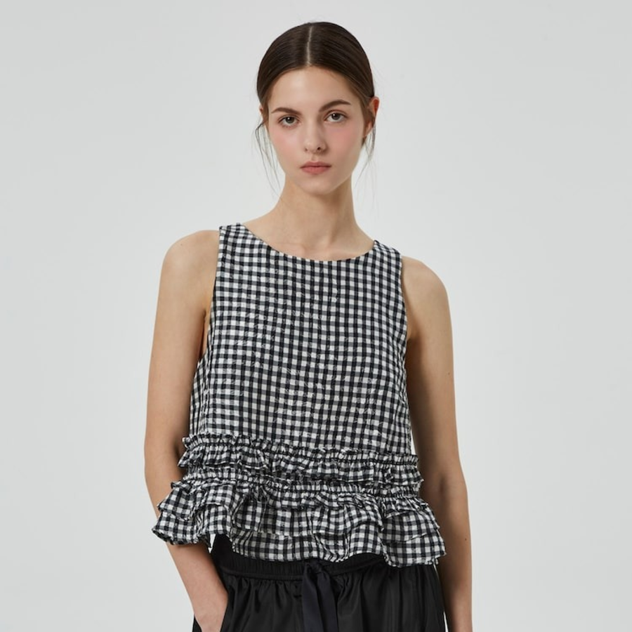 GANNI Crinkled Taffeta Check Open Back Frill Top – Black