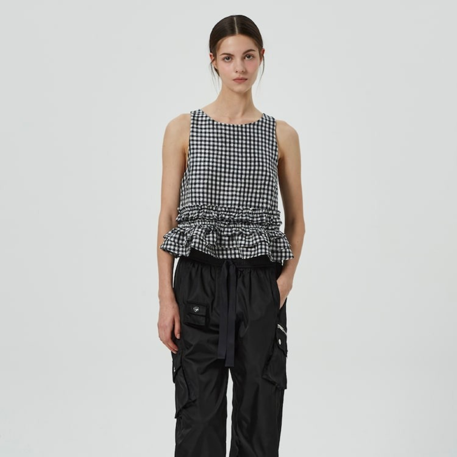 GANNI Crinkled Taffeta Check Open Back Frill Top – Black