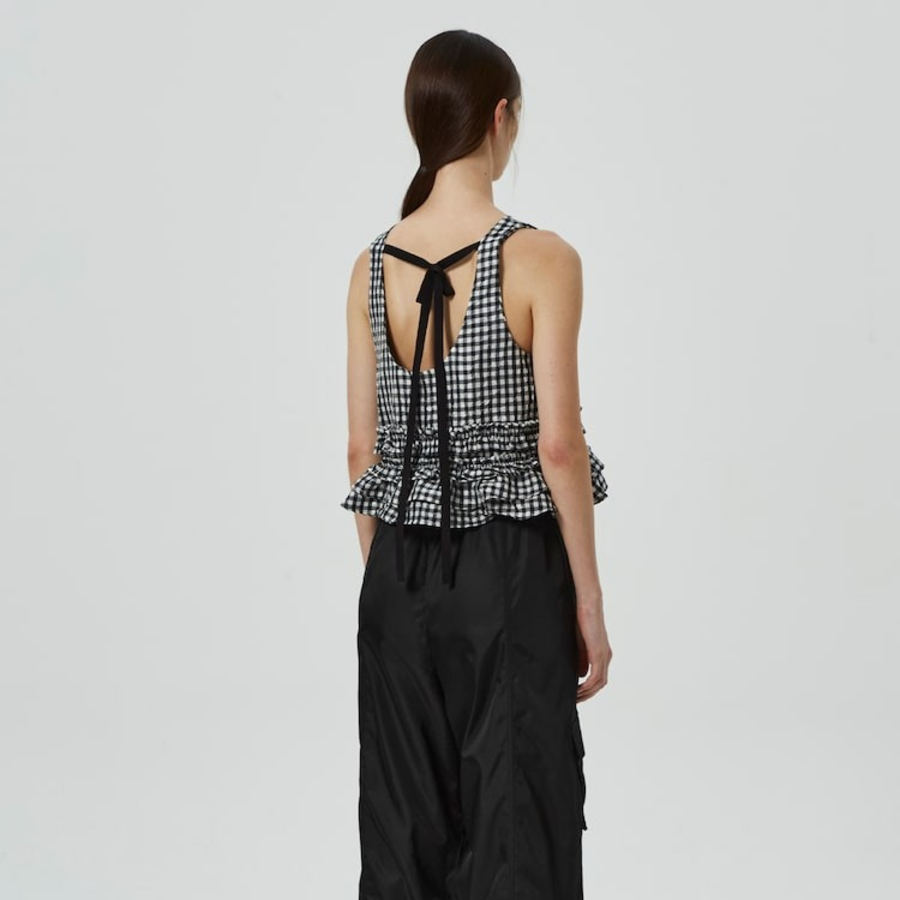 GANNI Crinkled Taffeta Check Open Back Frill Top – Black