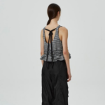 GANNI Crinkled Taffeta Check Open Back Frill Top – Black