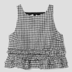 GANNI Crinkled Taffeta Check Open Back Frill Top – Black